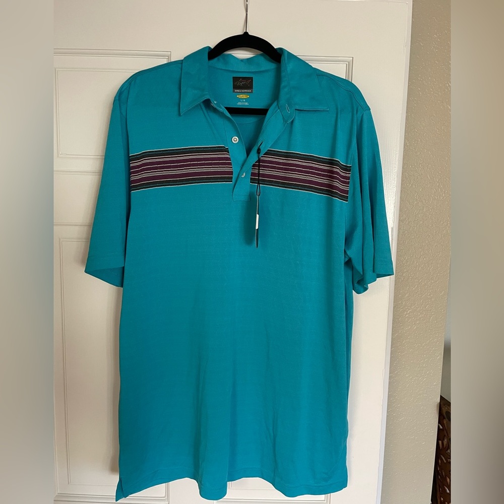 Greg Norman polo new!  Size Large. Teal color with stripe.